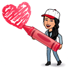 a cartoon of a woman holding a large red crayon and drawing a heart