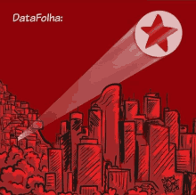 a drawing of a city with a red star and the words datafolha on the bottom