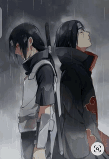 two anime characters are standing next to each other in the rain holding swords .