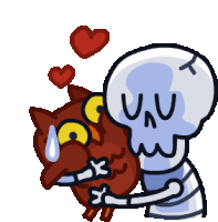 a cartoon of a skeleton hugging an owl with hearts coming out of its eyes