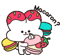 a cartoon cat is holding a cupcake with a strawberry frosting and the words macaroon written around it