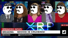 a group of people are sitting in front of a screen that says breaking news $ dood is cruising