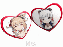 two red hearts with a picture of a girl and the word kiss on the bottom right