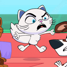 a cartoon cat with a surprised look on his face is surrounded by other animals