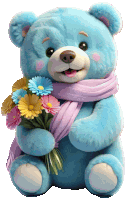 a blue teddy bear wearing a pink scarf and holding a bouquet of flowers