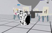 a dalmatian is standing in front of a table and chairs and a speech bubble that says kim @kimlovesdogs247