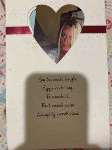 santa needs sleigh egg needs nog fa needs la fruit needs cake naughty needs nice christmas card