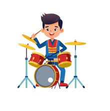 a young boy is playing drums with a drumstick