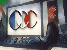 a painting of a computer screen with the letters cc on it