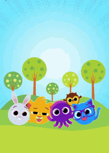 a group of cartoon characters are standing on a grassy hill with trees in the background