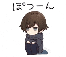 a chibi boy is sitting on the floor with his knees crossed and a sad look on his face .