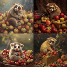 four paintings of a baby lemur surrounded by apples and a bucket of apples