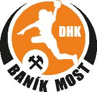 a logo for dhk banik most with a silhouette of a man holding a ball