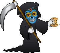 a grim reaper with a sugar skull face holding a cookie and a scythe