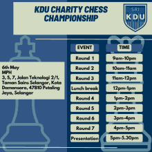 a poster for the kdu charity chess championship shows the schedule