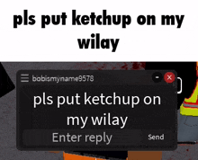 a screenshot of a screen that says pls put ketchup on my wilay