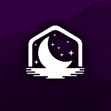 a logo with a crescent moon and stars on a dark purple background