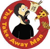 a logo for the take-away man shows a man with a beard surrounded by pizza and french fries