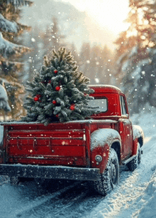 a red truck is carrying a christmas tree in the back