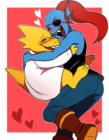 a drawing of a blue and yellow cartoon character hugging another cartoon character