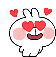 a cartoon rabbit with heart shaped eyes and hearts around it .