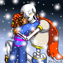 a cartoon of a skeleton hugging another skeleton in the snow with the name za cloud written on the bottom