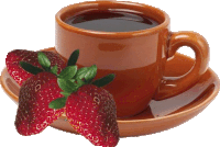 a cup of coffee on a saucer with two strawberries next to it