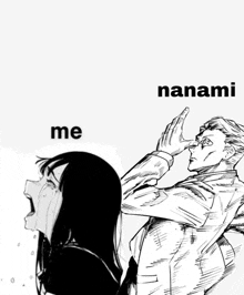 a black and white drawing of a man holding a woman 's nose and the words " nanami me " below him