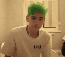 a young man with green hair is wearing a white shirt with a canadian flag on the sleeve