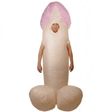 a man is wearing a penis costume with a pink hat .