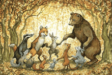 a painting of a group of animals dancing in a forest