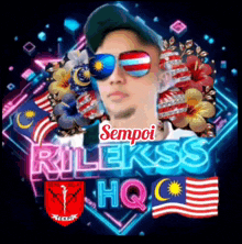 a man wearing sunglasses and a hat with the words sempoi rilekss hq on the bottom