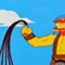 a close up of a cartoon character holding a whip .