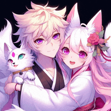 a girl with pink hair is holding a white cat with purple eyes