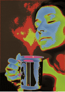 a colorful painting of a woman holding a mug with the letter ii on it