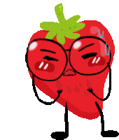 a cartoon drawing of a strawberry with glasses and arms and legs