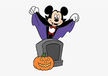 a cartoon of mickey mouse dressed as a vampire and a pumpkin