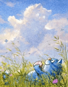 a painting of a blue cat laying in the grass with butterflies flying around