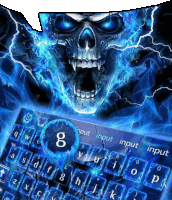 a keyboard with a blue skull on it and the g key