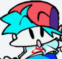 a cartoon character wearing a red , blue and purple hat and a white shirt .