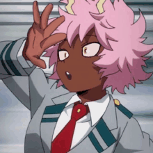 a black anime girl with pink hair and a red tie is making a funny face .