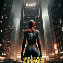 a poster of a spiderman standing in front of a building that says slot