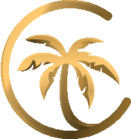 a gold palm tree in a circle with a letter c