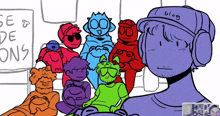 a group of cartoon characters are gathered around a man wearing headphones and a hat that says blog