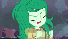 a cartoon girl with green hair and freckles giving a thumbs up