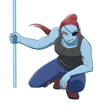 a drawing of a woman with red hair holding a blue pole