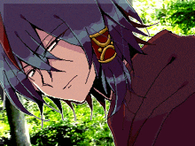 a pixel art drawing of a girl with purple hair and a earring with the letter d on it