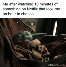 a baby yoda sleeping in a hammock with the caption me after watching 10 minutes of something on netflix that took me an hour to