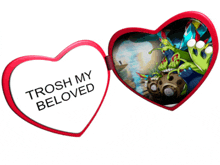 a red heart shaped item that says trash my beloved