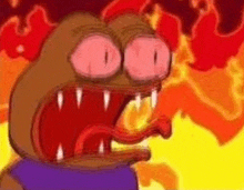 a cartoon character with big red eyes and sharp teeth is screaming in front of a fire .